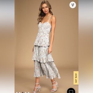 Lulus Cascading Crush Blue Floral Print Tiered Bustier Midi Dress